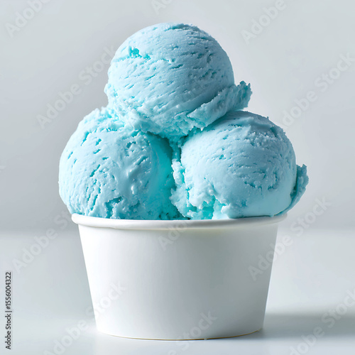 Three scoops of bright blue ice cream in a white paper cup isolated on white background