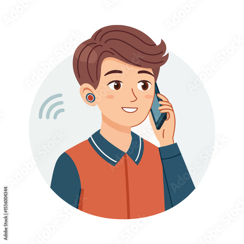 Smart Communication: A modern man is engrossed in a phone conversation, his innovative wireless earbud amplifying his voice, showcasing the blend of tech and personal connection. 
