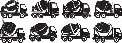 set of concrete mixer machine silhouette, black and white silhouette, vector and illustration
