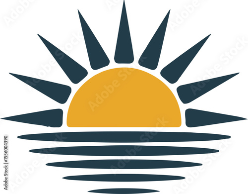A logo design featuring a stylized sun rising