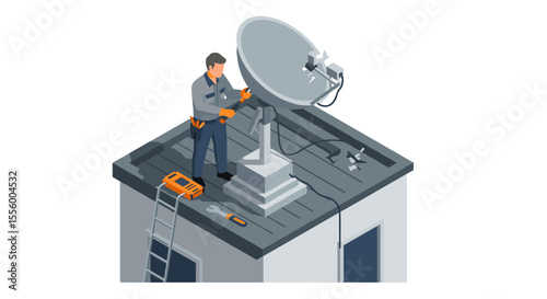 Technician adjusting satellite dish on rooftop vector illustration in isometric style for telecommunications concept
