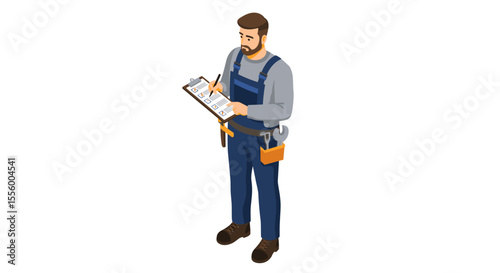 Professional handyman in overalls: isometric vector illustration for labor day promotion
