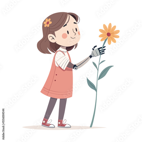Embracing Bloom: A heartwarming illustration depicts a child with a prosthetic arm gently touching a vibrant flower, symbolizing resilience and appreciation for nature.