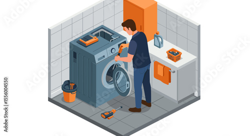 Home appliance repair scene vector illustration: isometric style for educational poster