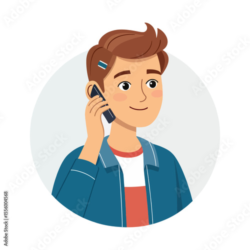 Man on the Phone: A young individual is captured mid-conversation, holding a phone to his ear with a cheerful demeanor and thoughtful expression, personifying connection and engagement.
