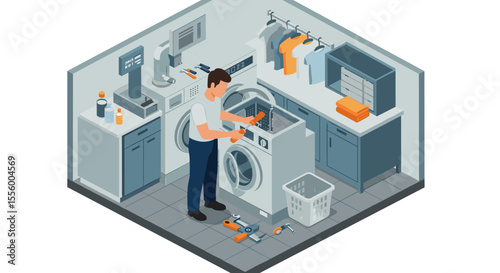 Laundry repair scene vector illustration: modern isometric design for technical services poster