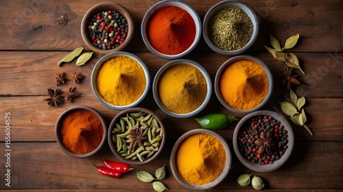 Indian spice market flat lay, top view of colorful spices in traditional bowls, turmeric, red chili, cardamom, cumin, arranged on a wooden surface, vivid color harmony,Generative Ai
