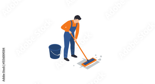 Isometric vector illustration of person mopping floor for cleaning service design