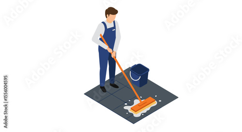 Isometric vector illustration of professional floor cleaning for home maintenance design