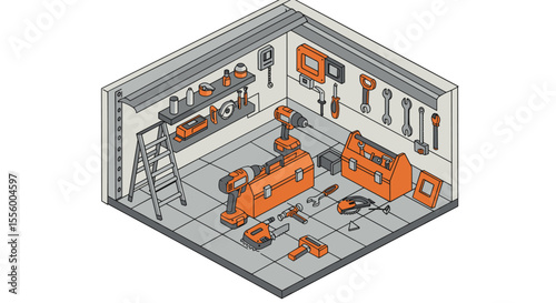 Isometric garage workshop vector illustration for design projects