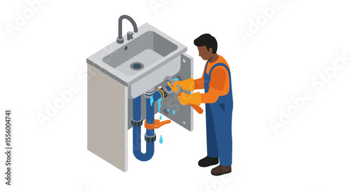 Plumber fixing kitchen sink leak vector illustration for repair service design in isometric style