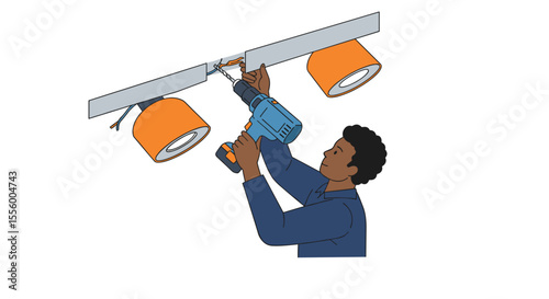 Home improvement vector illustration: installing ceiling lamps, flat style design for diy guide