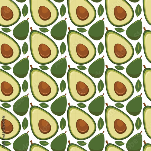 Seamless avocado pattern with leaves. Healthy fresh avocado gruit food. Vegan diet background