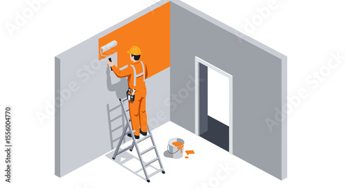 Painter in action: isometric vector illustration for home improvement and design