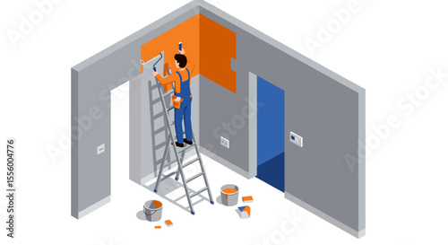 Home renovation concept vector illustration: painter working in isometric style for poster design