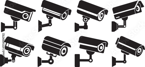 set of security cctv camera silhouette, black and white silhouette, vector and illustration