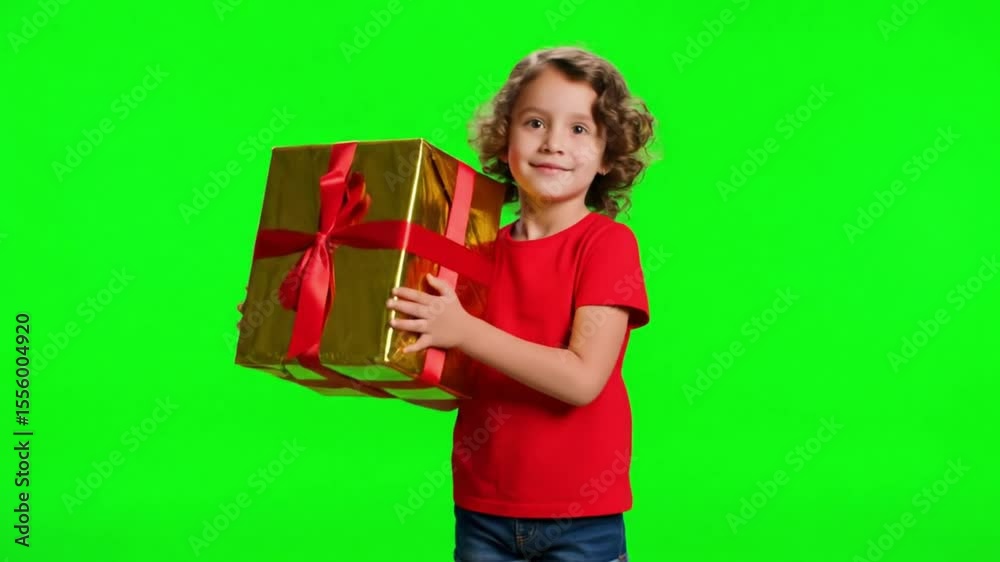 Boy with curly hair holding a gold wrapped present with a red bow in front of a green background Boy with curly hair holding a gold wrapped present with a red bow in front of a green background