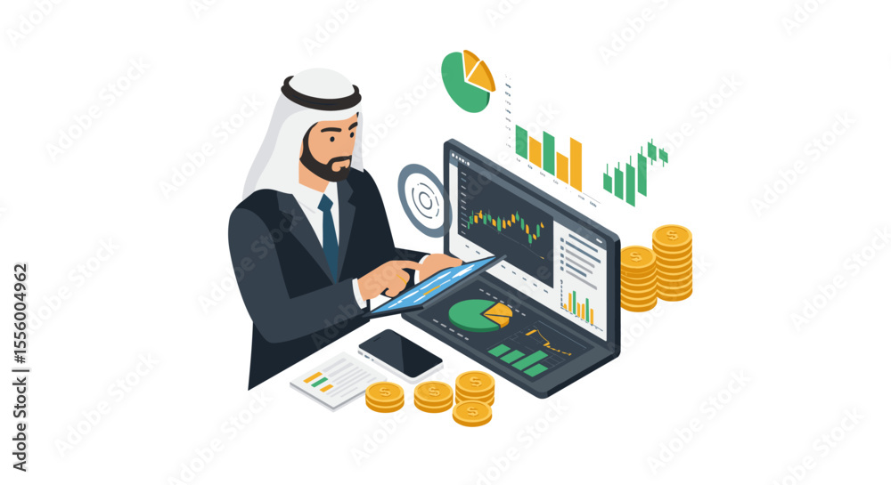 Fototapeta premium Business analytics vector illustration - financial data analysis, middle eastern businessman, isometric style for presentation design