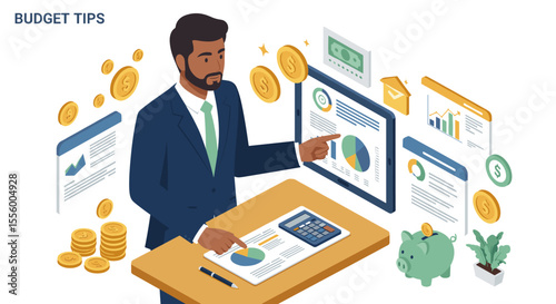 Budget planning vector illustration for financial tips in isometric style design