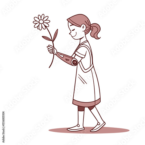 Kindred Spirit: A heart-warming illustration shows a girl with a prosthetic arm, presenting a daisy, embodies hope and resilience. A testament to her spirit and the simple joys of life.