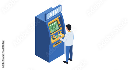 Isometric vector illustration of a person using an atm for banking and financial transactions