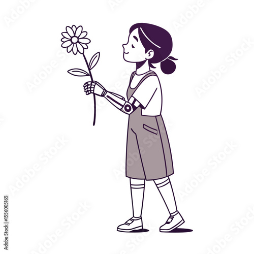 The Girl with the Bionic Arm: A young girl with a robotic arm holds a delicate flower, a symbol of resilience, growth, and the beauty found in embracing difference. A story of hope, perseverance.
