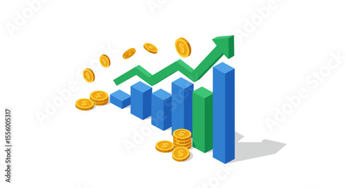 Financial growth vector illustration: isometric chart with rising graph and coins for business and investment posters