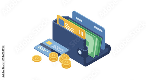 Isometric wallet vector illustration with cash and credit cards for financial design