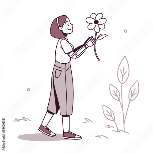 Digital Bloom: A woman with a prosthetic arm connects with nature, a single flower, embodying resilience and the beauty of finding joy in the simplest moments.
