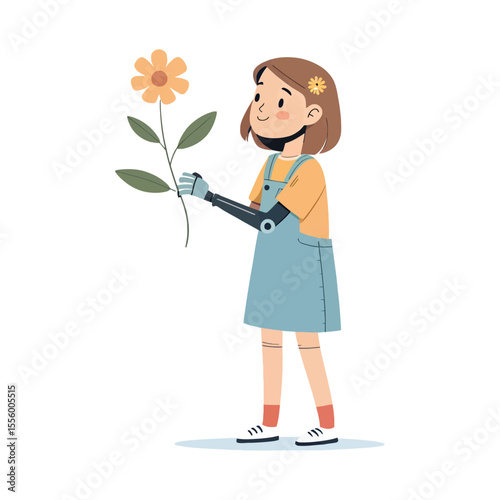 The Gift of Bloom: A determined child extends a sunflower, her prosthetic arm embodying the potential of technology and the joy of life.