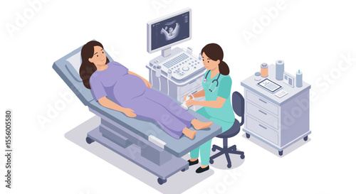 Isometric vector illustration of ultrasound pregnancy checkup for healthcare design