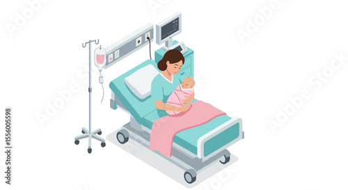 Mother and newborn in hospital room vector illustration for healthcare design