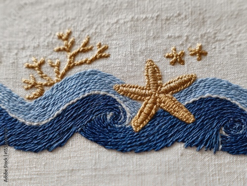 embroidery border of a continuous rolling wave along the bottom and a simplistic starfish above and coral