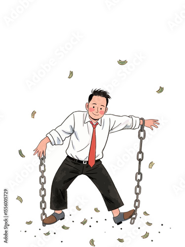 businessman with broken chains illustration on white background 