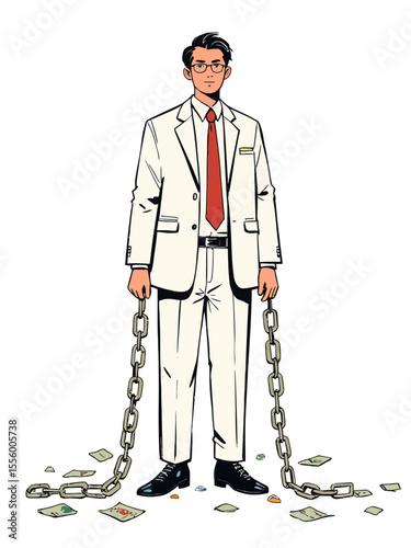 businessman with broken chains illustration on white background 