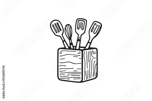 Stylish kitchen utensil holder with wooden line art and black color