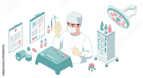 Surgeon preparing for surgery in modern hospital room vector illustration in isometric style