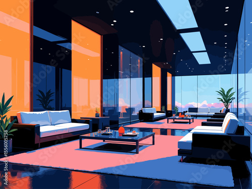 futuristic VIP lounge, luxurious minimalist interior, sleek leather sofas, smart glass partitions, soft warm ambient futuristic lighting, elegant sci-fi 