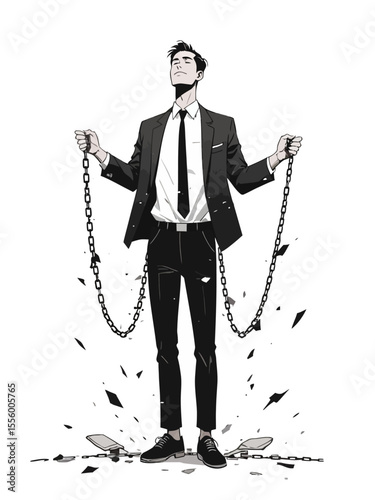 businessman with broken chains illustration on white background 