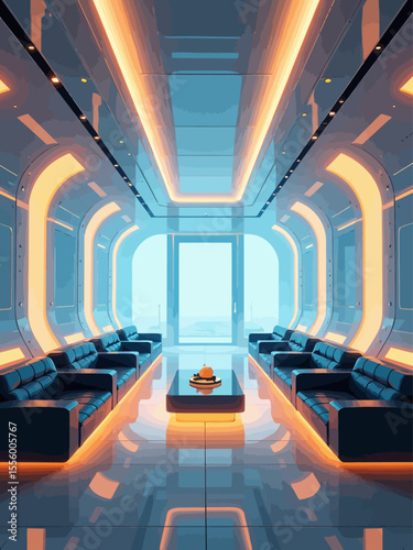 futuristic VIP lounge, luxurious minimalist interior, sleek leather sofas, smart glass partitions, soft warm ambient futuristic lighting, elegant sci-fi 