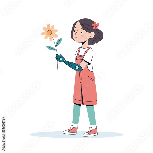 **A girl with a flower:** A young girl stands with a flower in her hand, her prosthetic arm a symbol of resilience, joy, and the beauty of life. Embrace diversity.