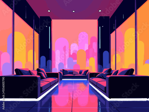 futuristic VIP lounge, luxurious minimalist interior, sleek leather sofas, smart glass partitions, soft warm ambient futuristic lighting, elegant sci-fi 