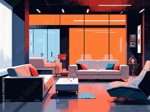 futuristic VIP lounge, luxurious minimalist interior, sleek leather sofas, smart glass partitions, soft warm ambient futuristic lighting, elegant sci-fi 