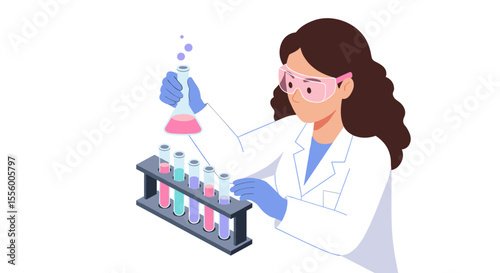 Female scientist in lab conducting experiments vector illustration for stem education and poster design