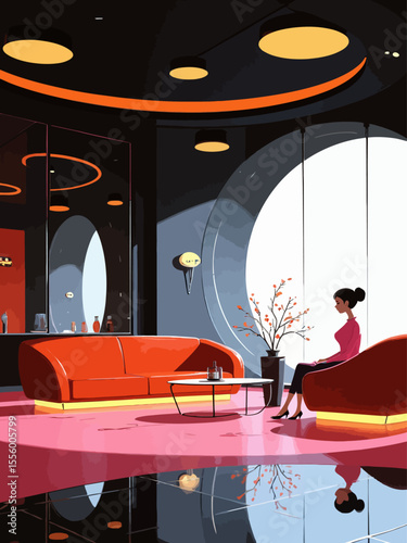 futuristic VIP lounge, luxurious minimalist interior, sleek leather sofas, smart glass partitions, soft warm ambient futuristic lighting, elegant sci-fi 