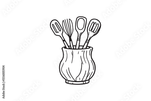Stylish kitchen utensil holder with wooden line art and black color