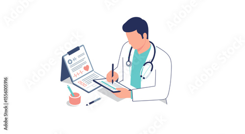 Healthcare professional analyzing patient data vector illustration in flat style for medical posters