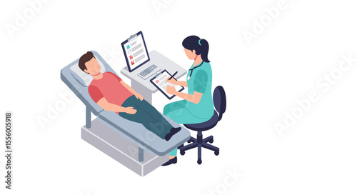 Medical consultation vector illustration: healthcare doctor patient interaction in flat style for educational and informational design