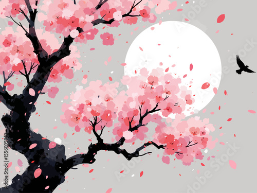 A ancient cherry blossom tree with pink blossoms, against the backdrop of an Japanese-style moon