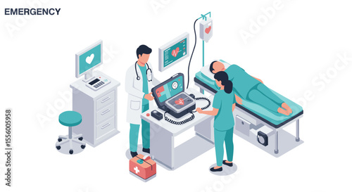 Hospital emergency room scene vector illustration for healthcare design in isometric style